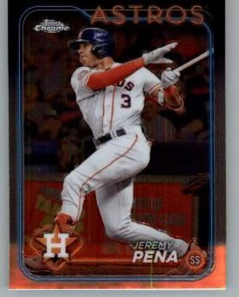 Houston Astros Topps Chrome baseball card of Jeremy Pena in a white uniform swinging a bat