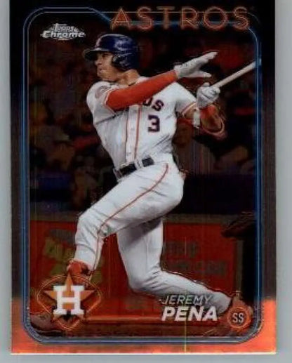 Houston Astros Topps Chrome baseball card of Jeremy Pena in a white uniform swinging a bat