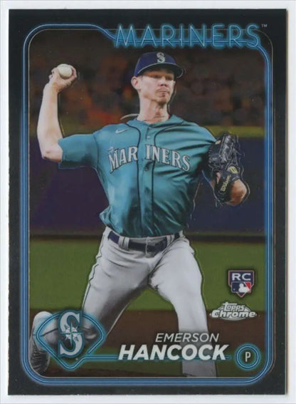 Baseball card of Emerson Hancock in teal uniform, showcasing Topps Chrome design