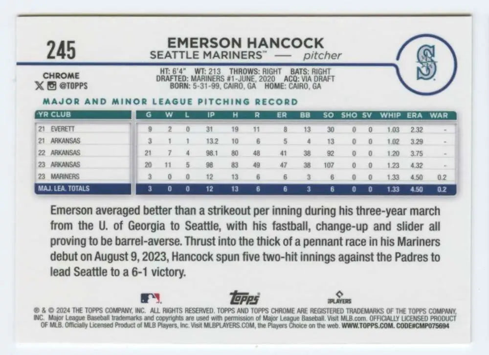 Baseball card featuring Emerson Hancock stats from 2024 Topps Chrome Seattle Mariners RC