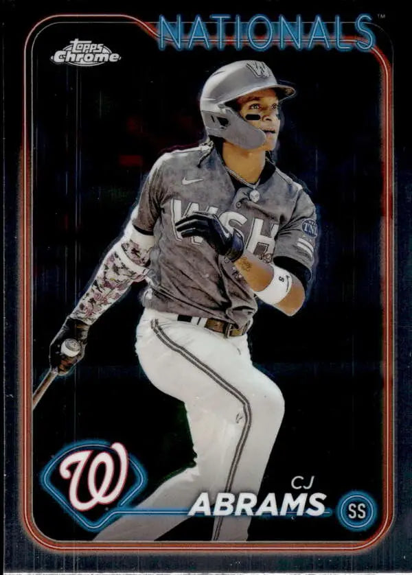 Baseball card of CJ Abrams in batting stance for Washington Nationals Topps Chrome