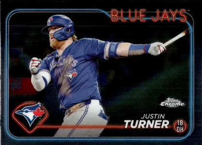 Justin Turner in a batting stance on a 2024 Topps Chrome Toronto Blue Jays card