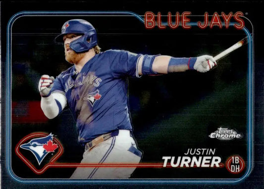 Baseball card of Justin Turner in batting stance for Toronto Blue Jays 2024 Topps Chrome