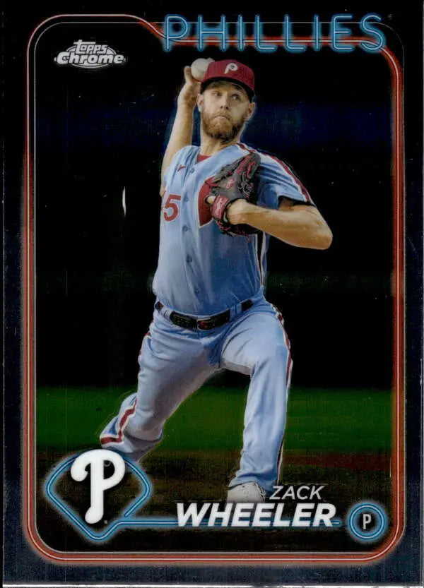 Baseball card of Zack Wheeler in light blue Phillies uniform mid-delivery