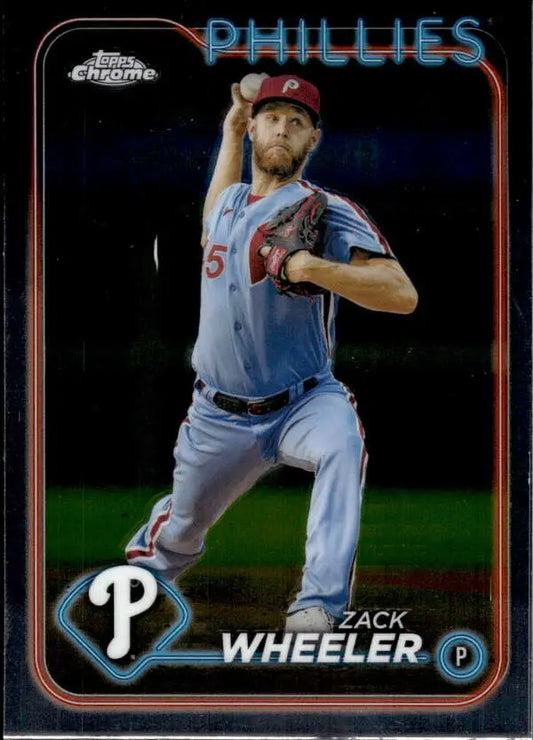 Zack Wheeler in light blue uniform on 2024 Topps Chrome Philadelphia Phillies baseball card