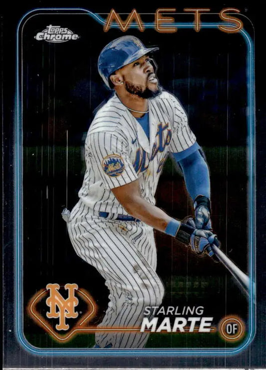 Chrome-finish Mets Baseball Card of Starling Marte in pinstripe uniform swinging bat