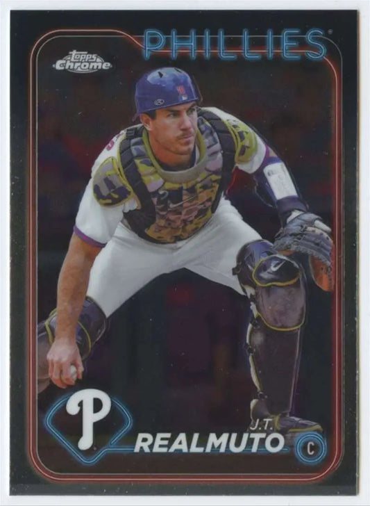 Baseball card of J.T. Realmuto in gear for the Philadelphia Phillies Topps Chrome