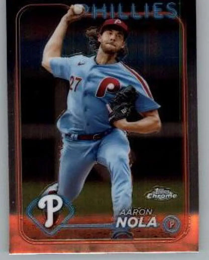 Aaron Nola in light blue throwback uniform on 2024 Topps Chrome Philadelphia Phillies card