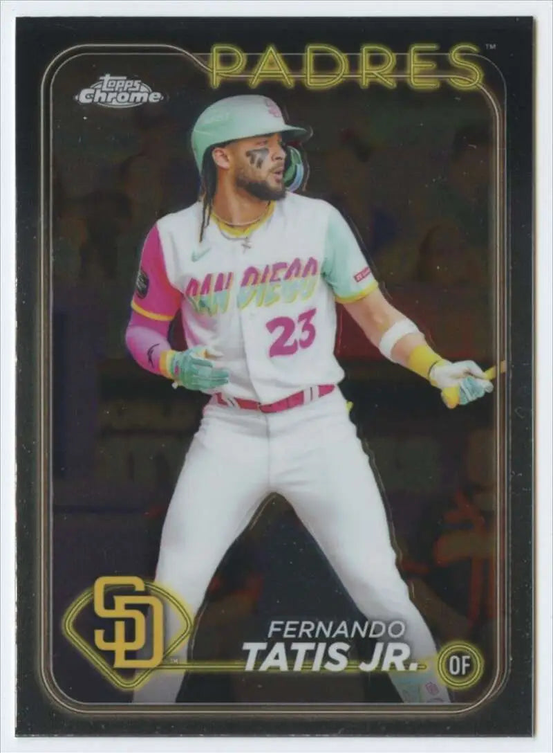 Baseball card of Fernando Tatis Jr. in batting stance for San Diego Padres Topps Chrome