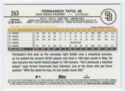 Baseball card of Fernando Tatis Jr. with stats from Topps Chrome San Diego Padres