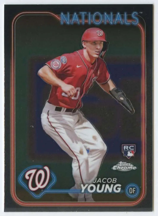 Washington Nationals Jacob Young Topps Chrome Rookie Card in red uniform