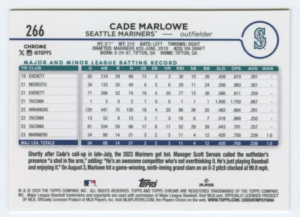 Topps Chrome Cade Marlowe rookie card with Seattle Mariners minor league stats