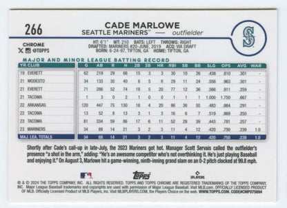 Baseball card featuring Cade Marlowe’s minor league stats for the Seattle Mariners Topps Chrome