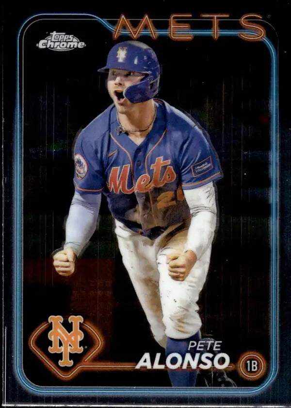 Pete Alonso in New York Mets uniform displaying emotion on 2024 Topps Chrome baseball card