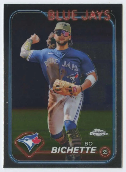 Baseball card of Toronto Blue Jays shortstop Bo Bichette in throwing motion