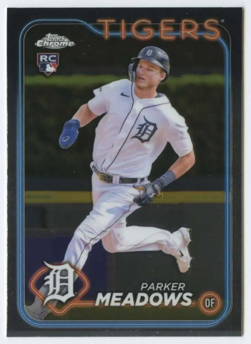 Parker Meadows running in a white uniform on 2024 Topps Chrome Detroit Tigers baseball card