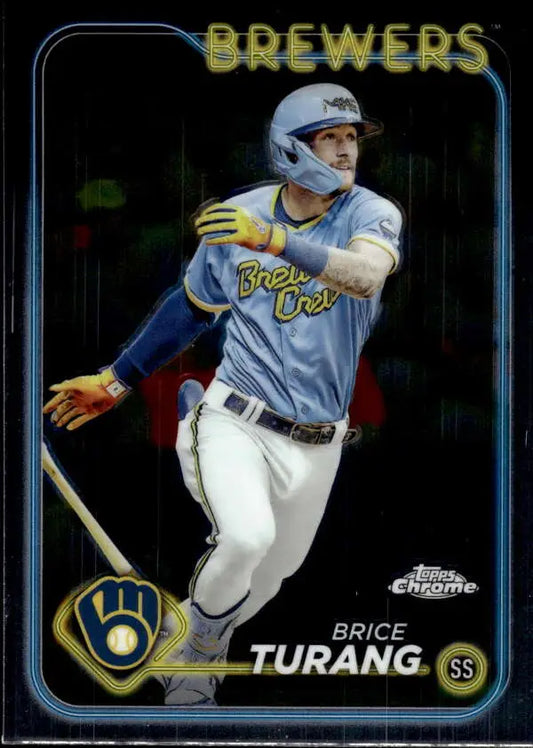 Brice Turang in light blue jersey, Milwaukee Brewers Baseball Card, batting follow-through