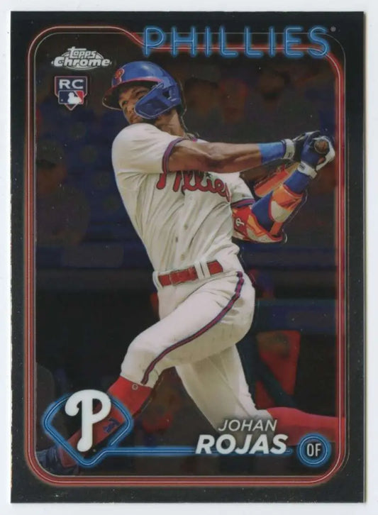 Johan Rojas swinging a bat on his Topps Chrome Rookie Philadelphia Phillies baseball card