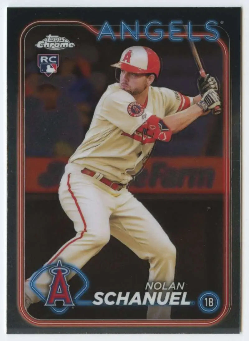 Nolan Schanuel rookie card showing Los Angeles Angels player at bat in white uniform