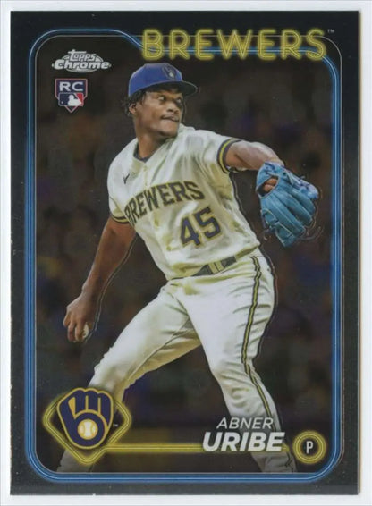 Baseball card of Abner Uribe, Milwaukee Brewers pitcher in Topps Chrome white uniform