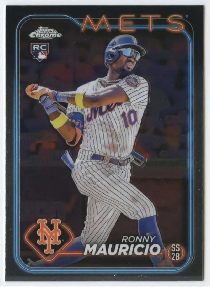 Topps Chrome Ronny Mauricio New York Mets baseball card in pinstripe uniform swinging bat