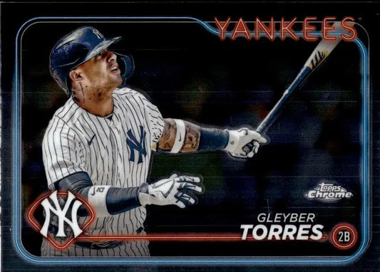 Baseball card of Gleyber Torres swinging in pinstripes from Topps Chrome 2024