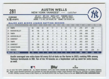 Baseball card featuring Austin Wells’ statistics for Topps Chrome New York Yankees