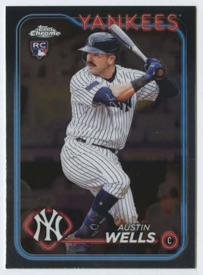 Austin Wells Topps Chrome baseball card in pinstripe uniform at bat for New York Yankees