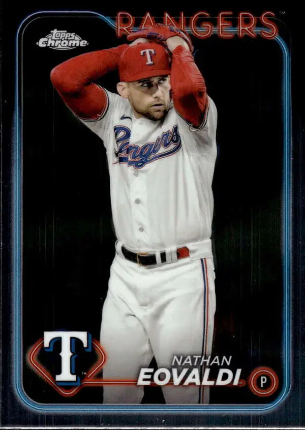 Texas Rangers pitcher Nathan Eovaldi mid-delivery on a 2024 Topps Chrome baseball card