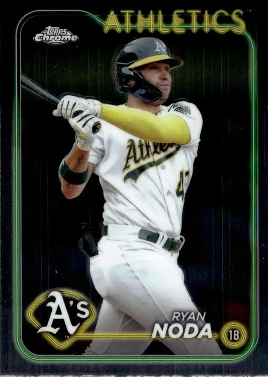 Baseball card of Ryan Noda in white uniform for Oakland Athletics at bat