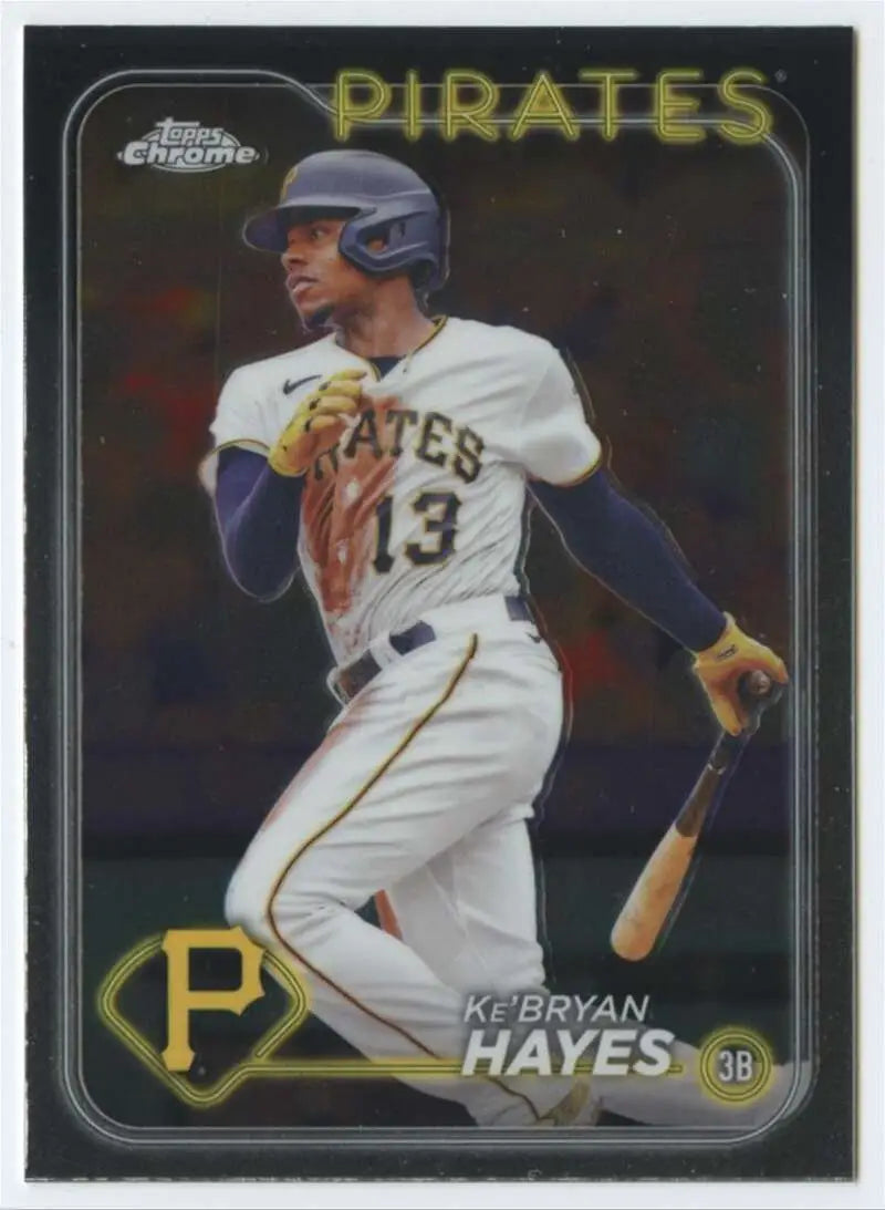 Baseball card of Ke’Bryan Hayes in white uniform for Topps Chrome Pittsburgh Pirates