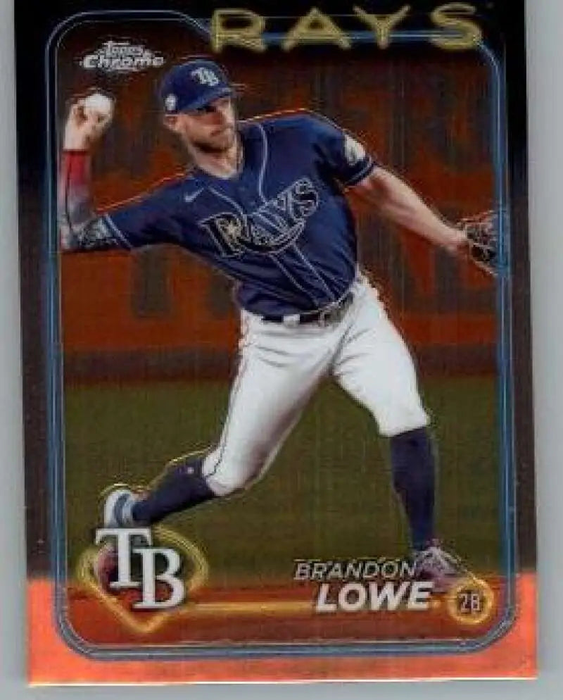 Brandon Lowe in navy blue uniform on 2024 Topps Chrome Tampa Bay Rays Baseball Card