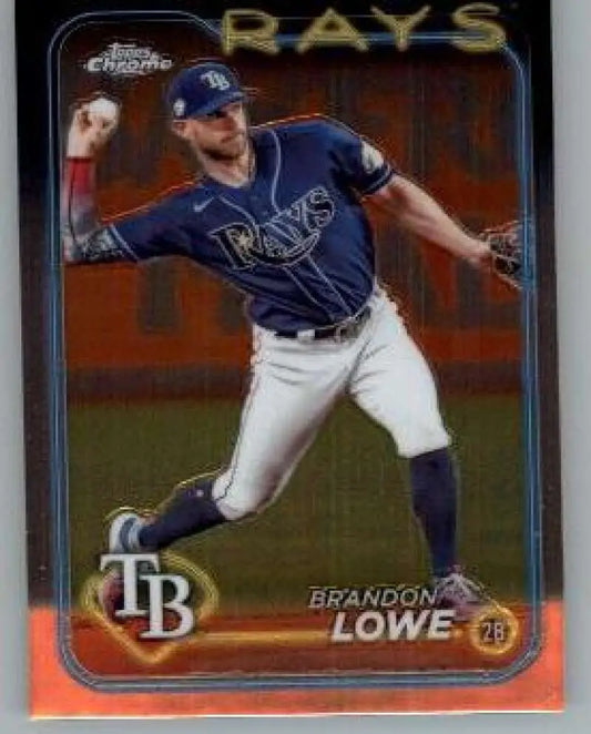 Brandon Lowe in navy blue uniform on 2024 Topps Chrome Tampa Bay Rays Baseball Card