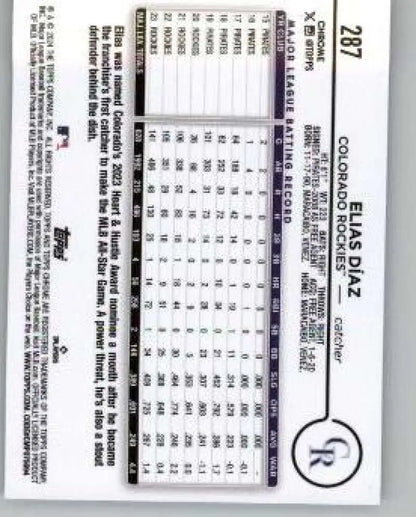 Standardized test answer sheet next to Topps Chrome Elias Diaz baseball card design