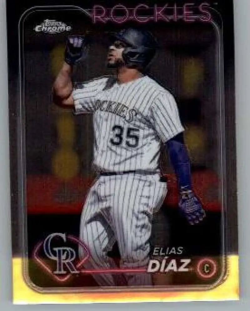 Elias Diaz Topps Chrome baseball card featuring Colorado Rockies player in pinstripes