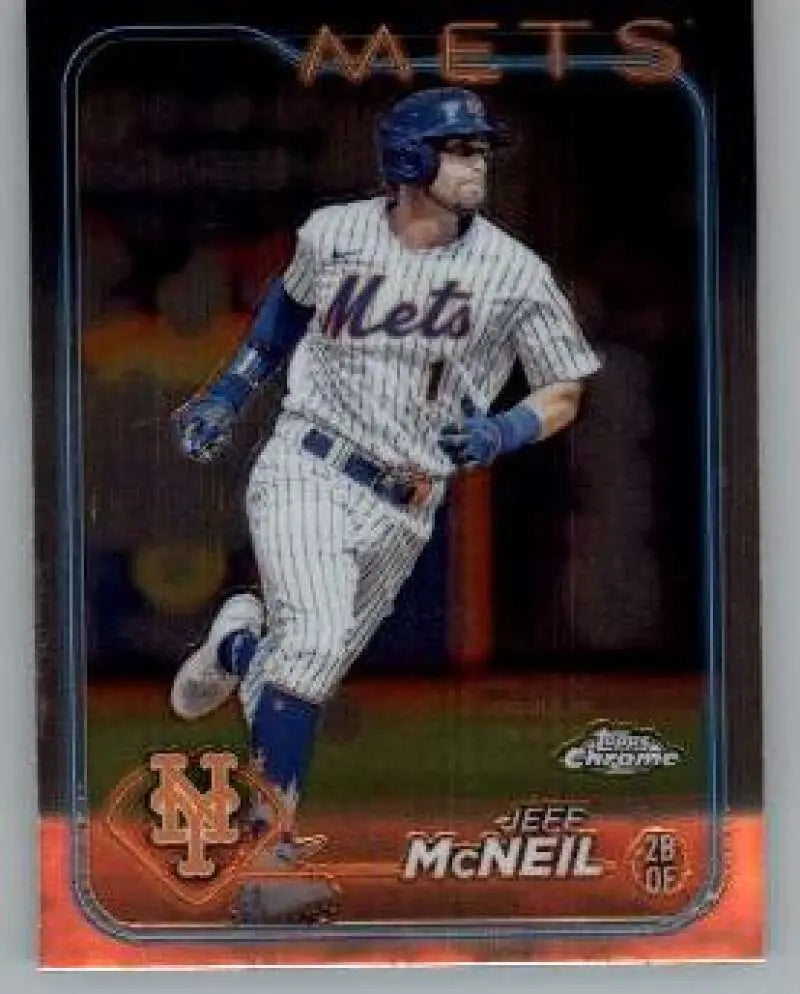 Baseball card of Jeff McNeil in pinstriped uniform running bases, Topps Chrome