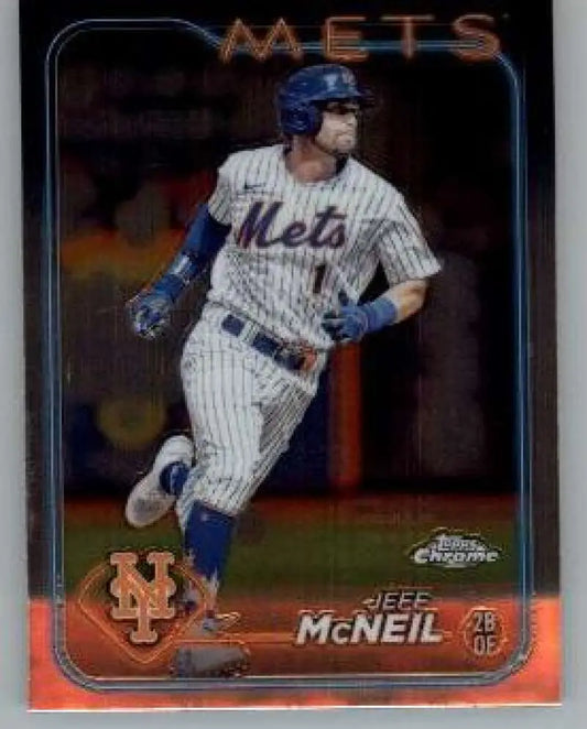 Baseball card of Jeff McNeil in pinstriped uniform running bases, Topps Chrome 2024