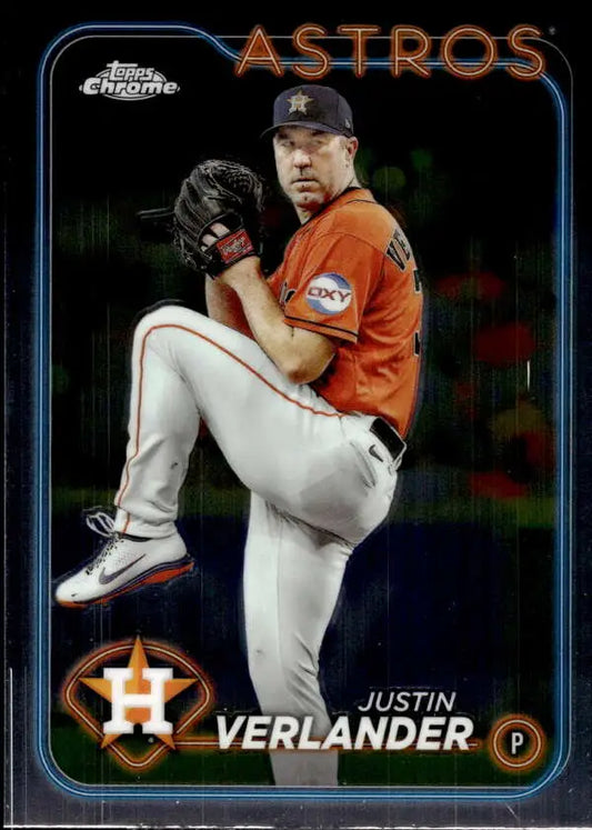 Baseball card of Justin Verlander mid-windup in orange Houston Astros jersey, Topps Chrome