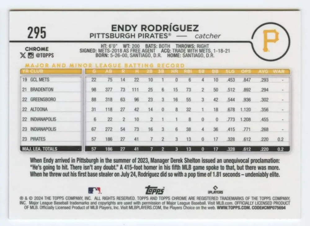 Endy Rodriguez Pittsburgh Pirates baseball card featuring career statistics and info