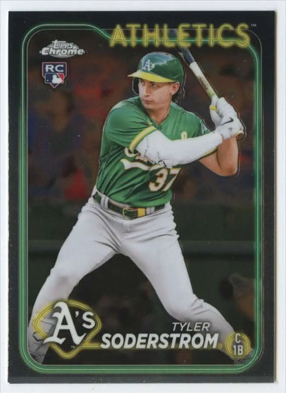 Baseball card of Tyler Soderstrom batting in green jersey for Topps Chrome Oakland Athletics