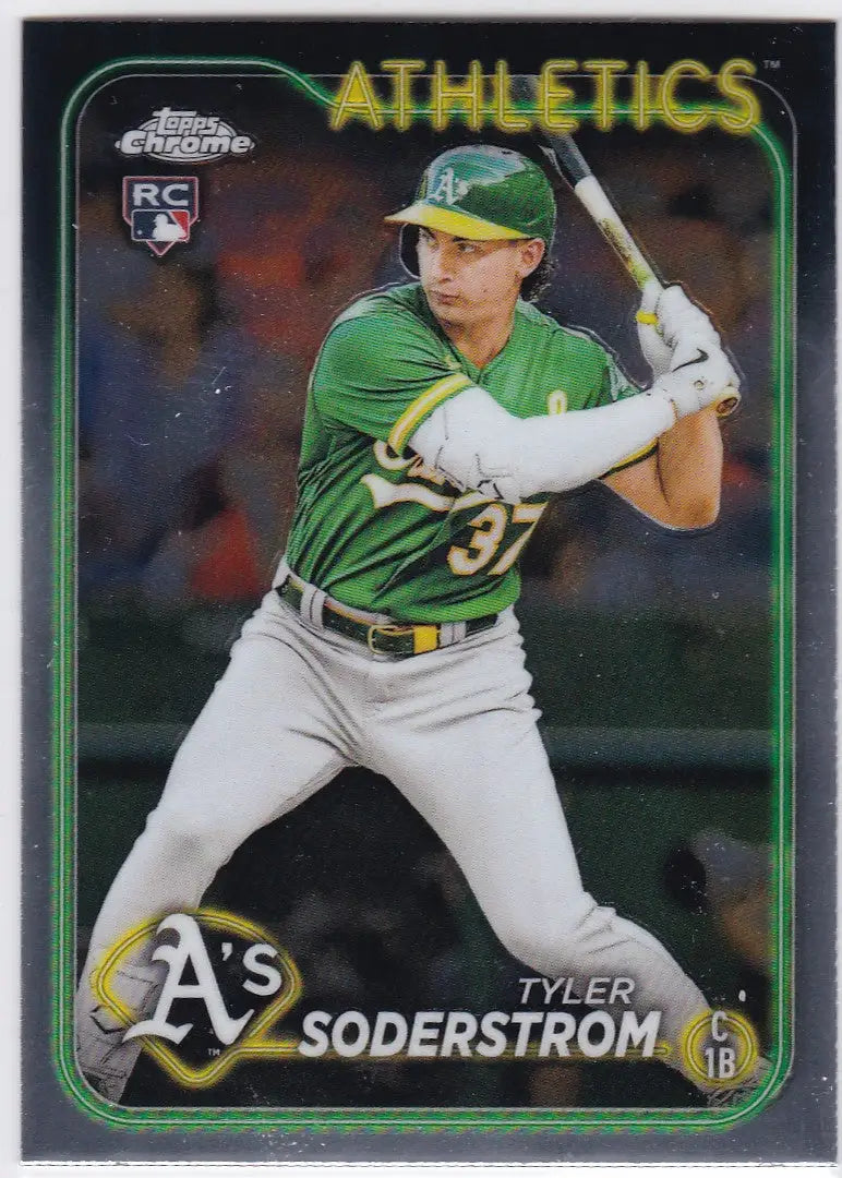 Baseball card of Tyler Soderstrom RC Rookie in Oakland Athletics green jersey at bat