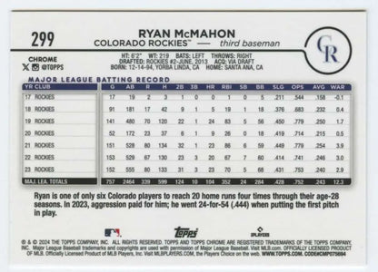 Baseball card featuring Ryan McMahon stats for Colorado Rockies baseball collectibles