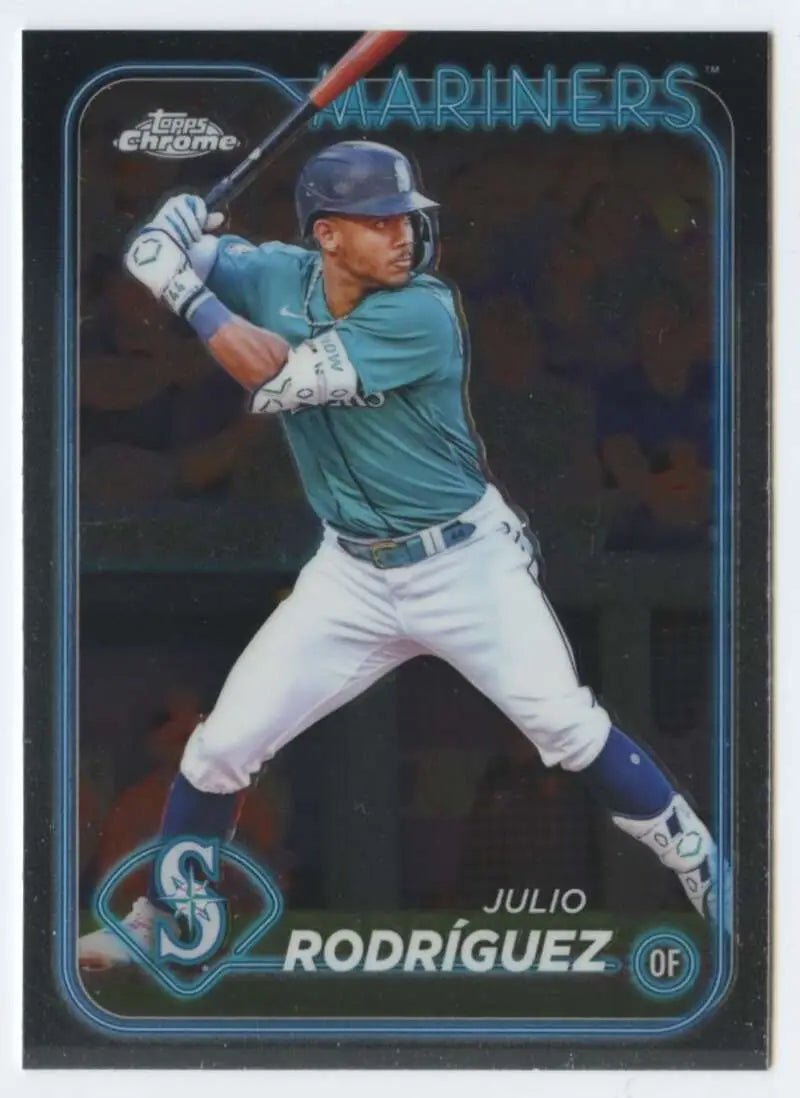 Baseball card of Julio Rodriguez in teal jersey for Seattle Mariners batting stance