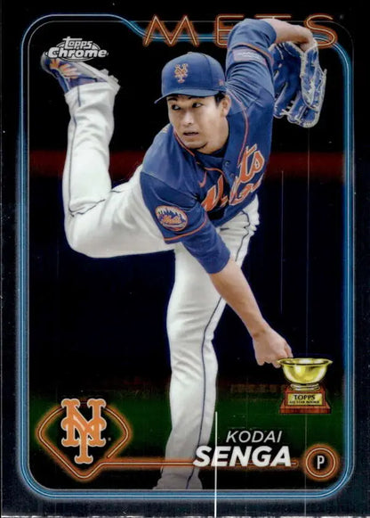 Baseball card of Kodai Senga in blue uniform for New York Mets mid-delivery pitch