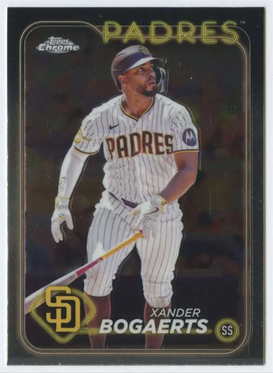 Xander Bogaerts swinging bat on 2024 Topps Chrome San Diego Padres Baseball Card