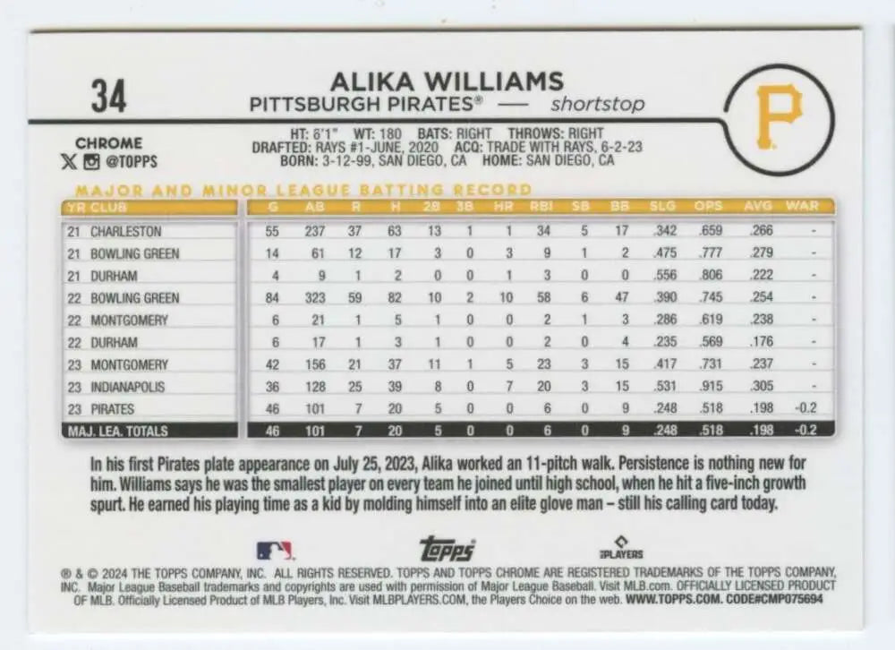 Alika Williams Pittsburgh Pirates Topps Chrome baseball statistics card featuring player data