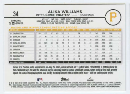 Alika Williams Pittsburgh Pirates Topps Chrome baseball statistics card featuring player data