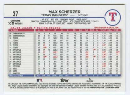 Max Scherzer 2024 Topps Chrome baseball card with Texas Rangers MLB statistics