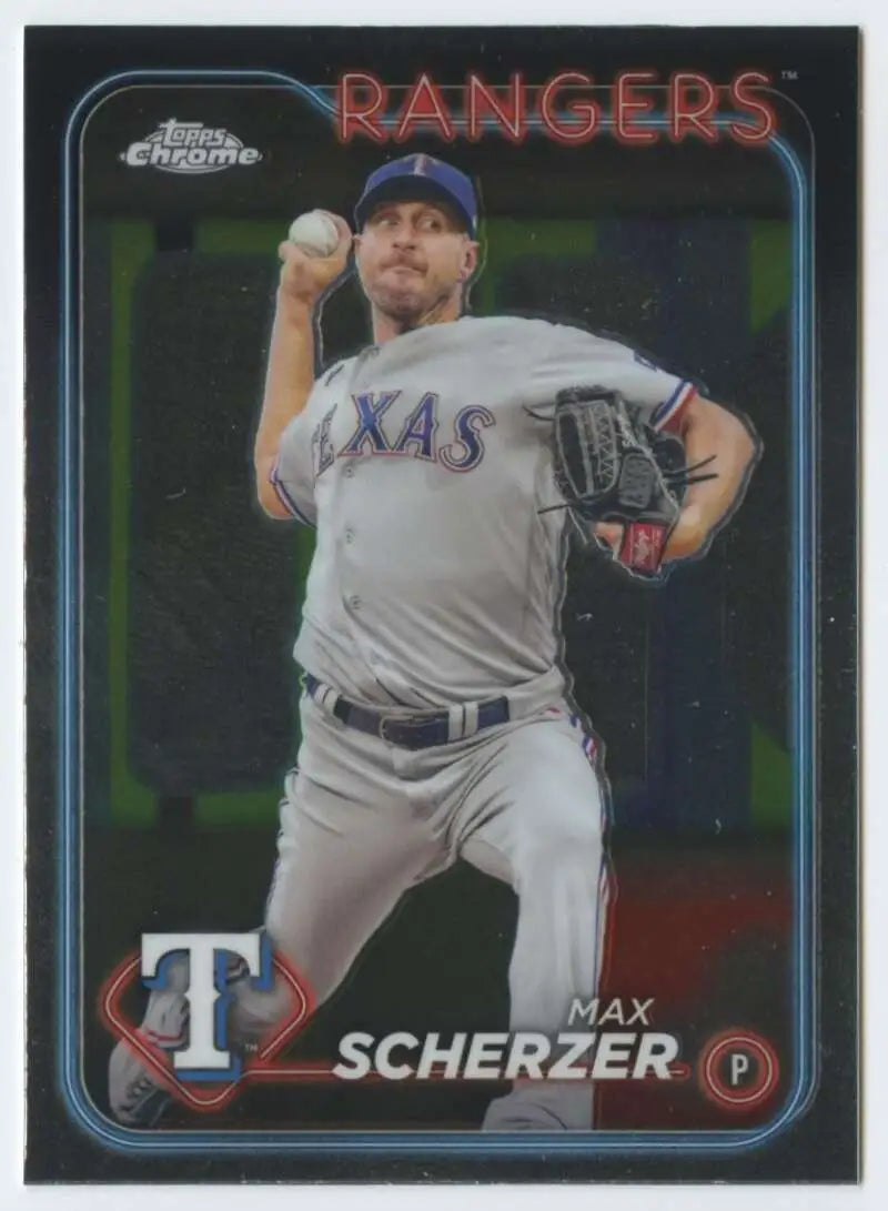 Baseball card of Max Scherzer mid-throw in gray Texas Rangers uniform