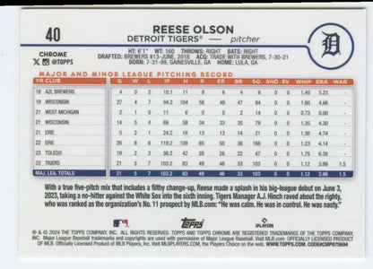 Reese Olson Detroit Tigers baseball card featuring player statistics and game data